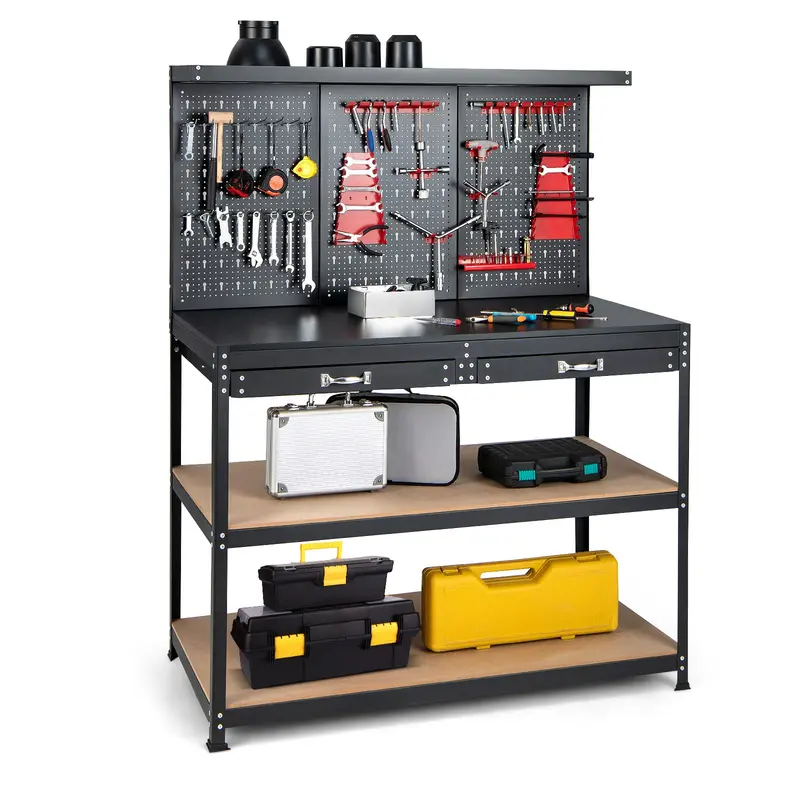 Modular Workbench with Storage, 48″ x 24″ Heavy-Duty Work Table Featuring Drawer, Pegboard & Accessory Hooks