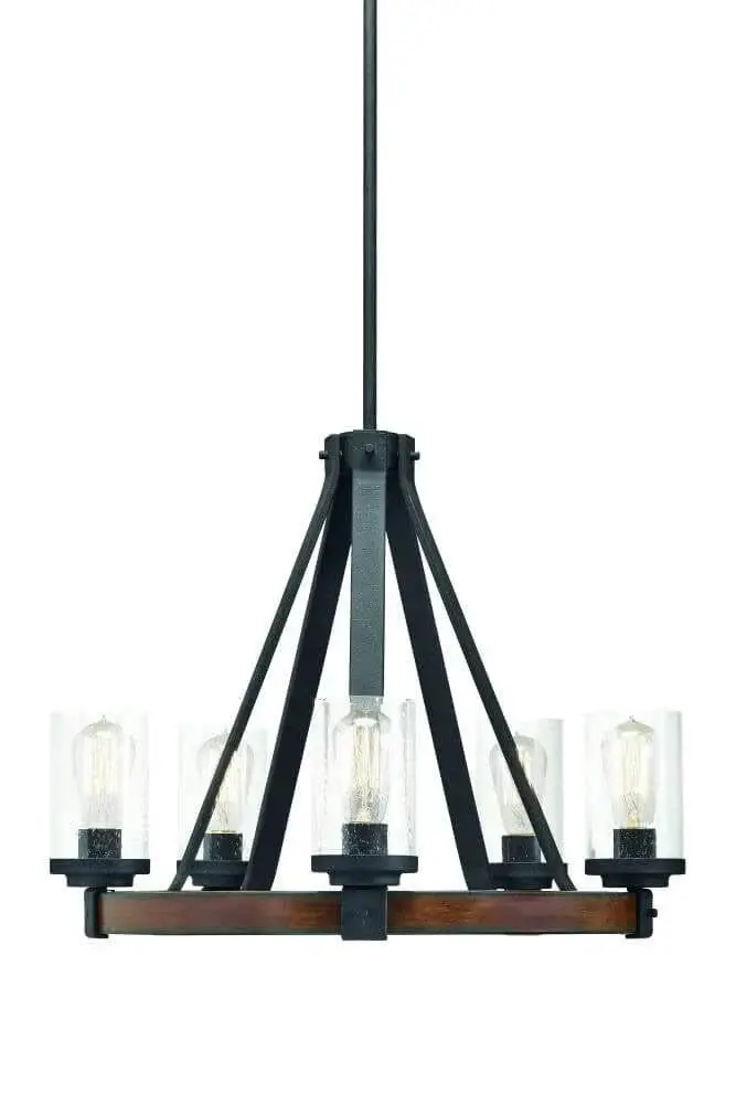 5-Light Rustic Candle Chandelier – Distressed Black and Wood-Tone Frame with Clear Glass Accents
