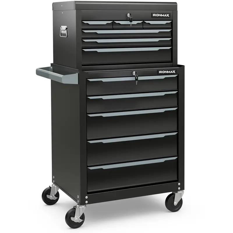 11-Drawer Heavy-Duty Rolling Tool Cabinet – Central Keyed Lock System & Integrated Hanging Storage