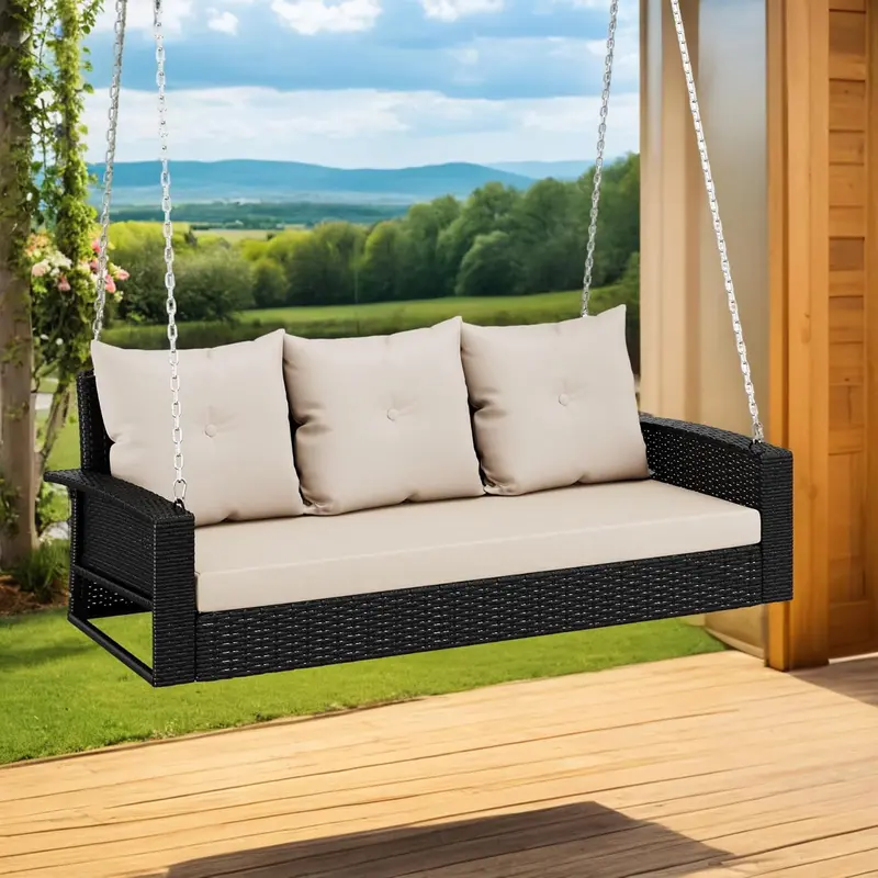 YITAHOME 3-Person Wicker Hanging Porch Swing – Outdoor Bench with Removable Cushions, Ideal for Balcony, Garden, or Backyard