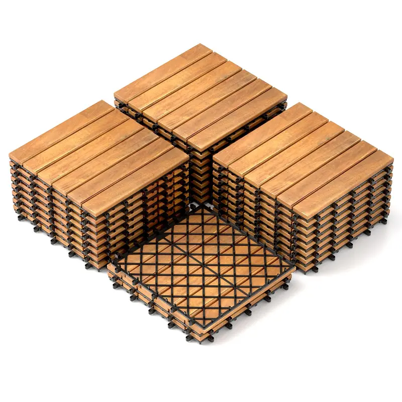 Acacia Wood Patio Tile Set — 27 Pieces of 12″×12″ Stripe-Design Tiles