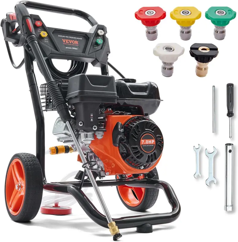 3400 PSI Aluminum-Pump Gas Pressure Washer – 2.6 GPM, 5 QC Nozzles, Spray Gun & Wand for Vehicles, Patios & Exterior Surfaces