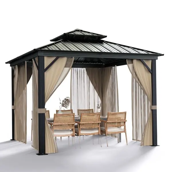 10′ x 10′ All-Weather Hardtop Gazebo – Dual-Tier Metal Roof, Aluminum Frame, Netting & Curtains (Khaki)
