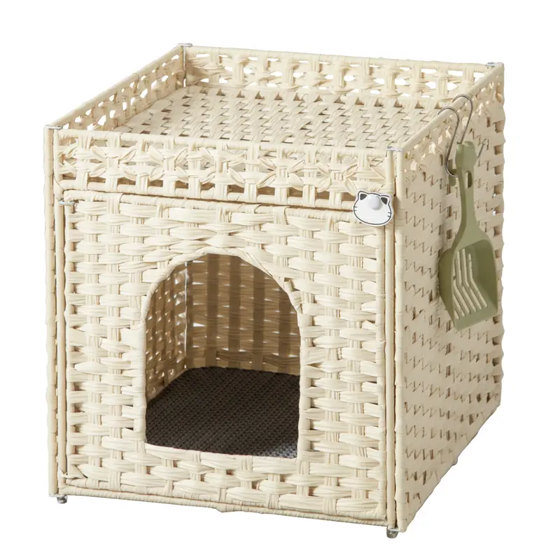 Rattan Cat Litter Enclosure – Handwoven Cabinet with Top Fence and Mat
