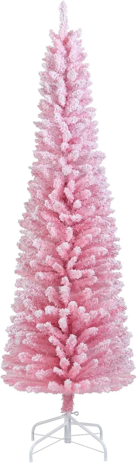 5-Foot or 6-Foot Pink Slim Pencil Christmas Tree with Snow-Flocked Finish