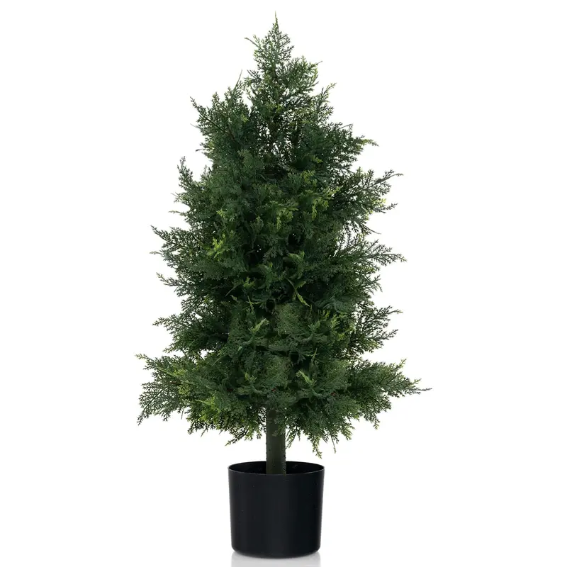31.5-Inch Outdoor Artificial Cedar Topiary – Potted Fake Cypress Tree with Heavy-Duty Cement-Plastic Planter