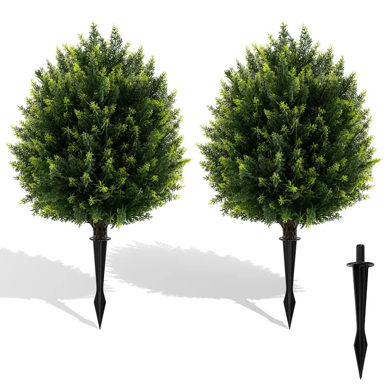 2-Pack Faux Cedar Shrubs with Ground Spikes – Outdoor-Ready Artificial Plants