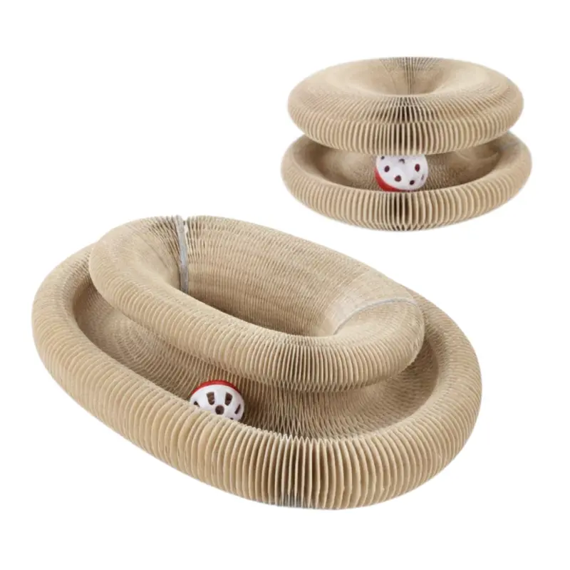 Two-Piece Corrugated Cardboard Cat Scratcher – Accordion Design with Attached Ball