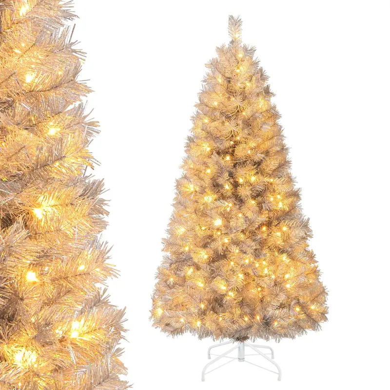 5-, 6-, or 7-Foot Pre-Lit Silver Tinsel Christmas Tree with Warm White LED Lighting