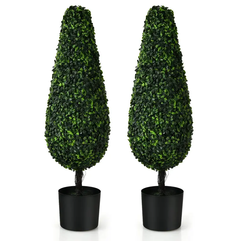 3-Foot Artificial Boxwood Tower Topiaries – Set of 2 Faux Plants in Cement-Weighted Plastic Pots