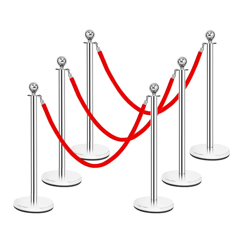 6-Piece Stainless Steel Queue Management Set – Polished Round-Top Stanchions with Retractable Belts