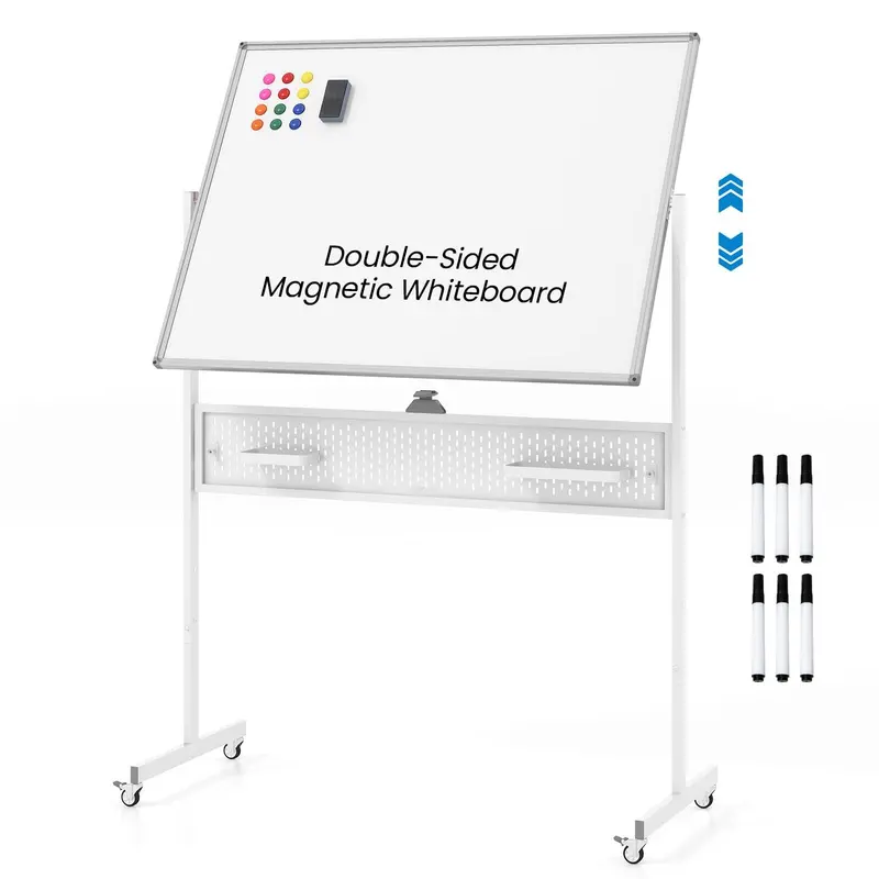 Height-Adjustable Rolling Dry Erase Board – 48″ x 36″ Whiteboard with Pegboard, Storage Hooks, Trays & Magnets