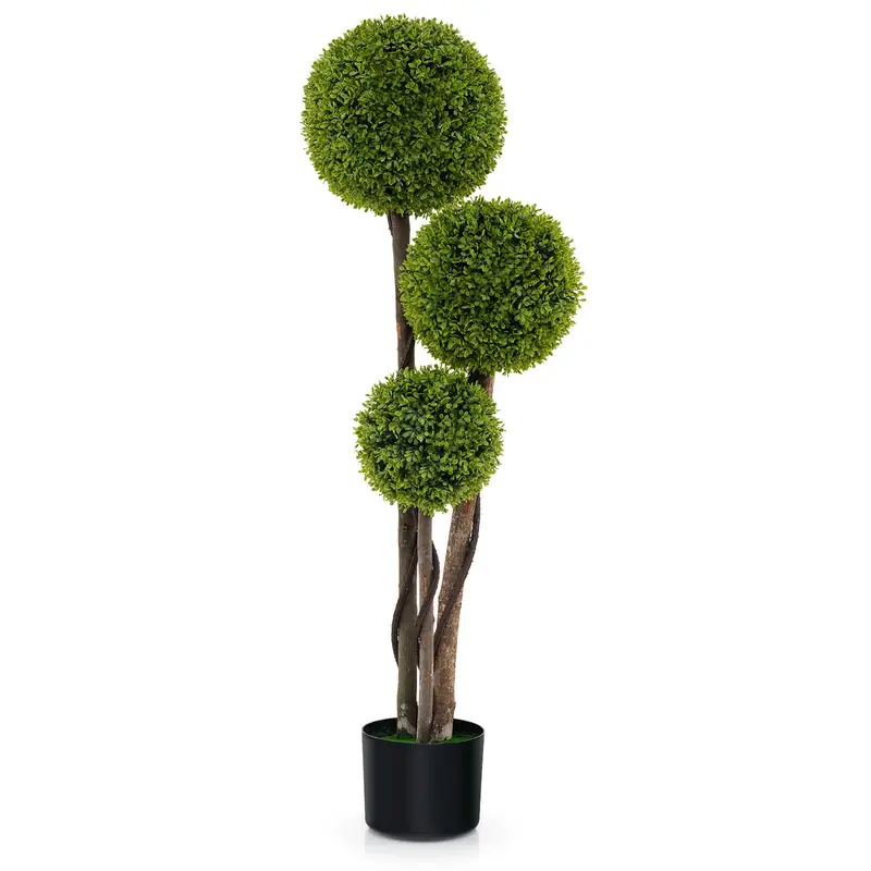 4-Foot Triple-Ball Boxwood Topiary – Weighted-Pot Faux Cypress Tree for Indoor/Outdoor Use
