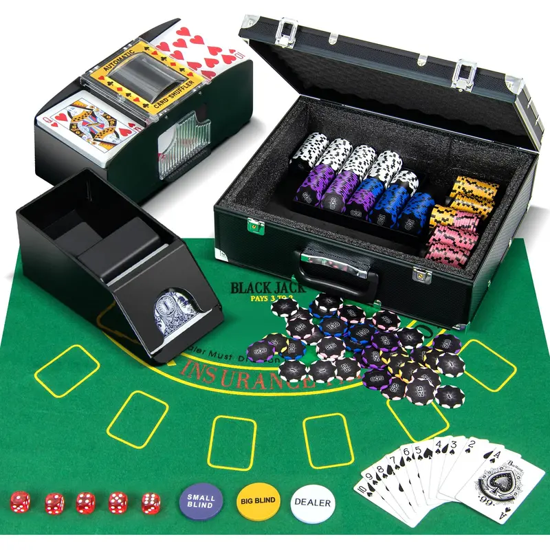 300-Piece 14g Clay Poker Chip Set with Storage Case + Automatic Card Shuffler