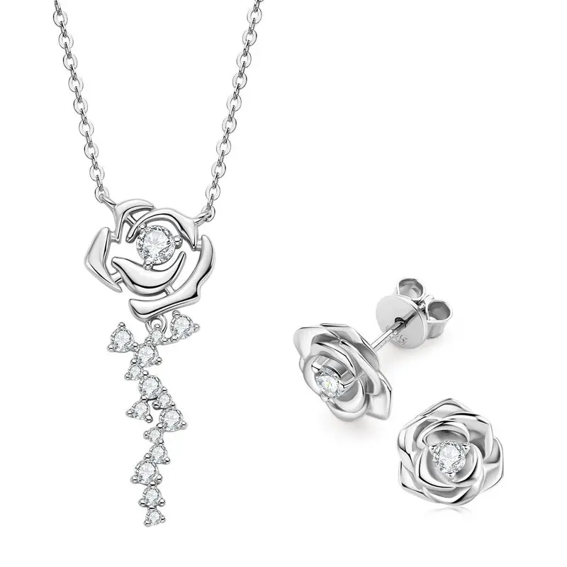 Rose Floral Jewelry Collection – Coordinating Necklace, Studs and Bangle Set with Botanical Detailing