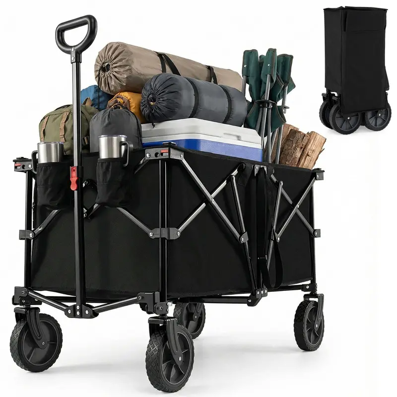 38-Inch Collapsible All-Terrain Wagon Cart with Dual Cup Holders and Smooth-Rolling Wheels