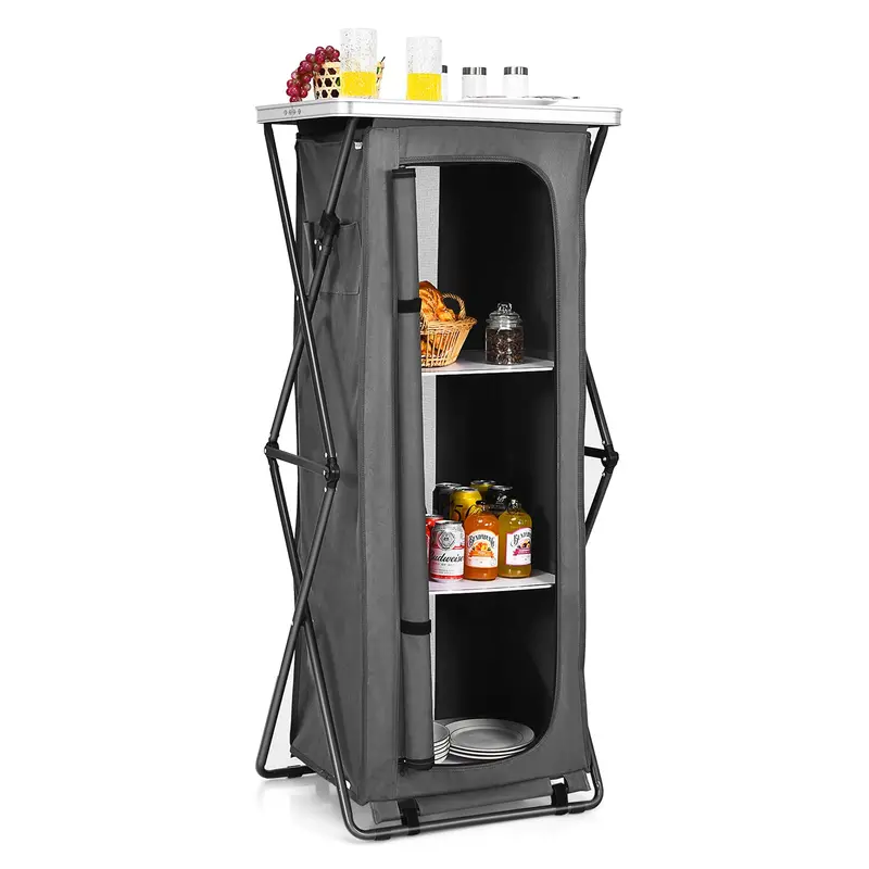 Pop-Up Camping Kitchen Station with Three-Tier Folding Storage Cabinet