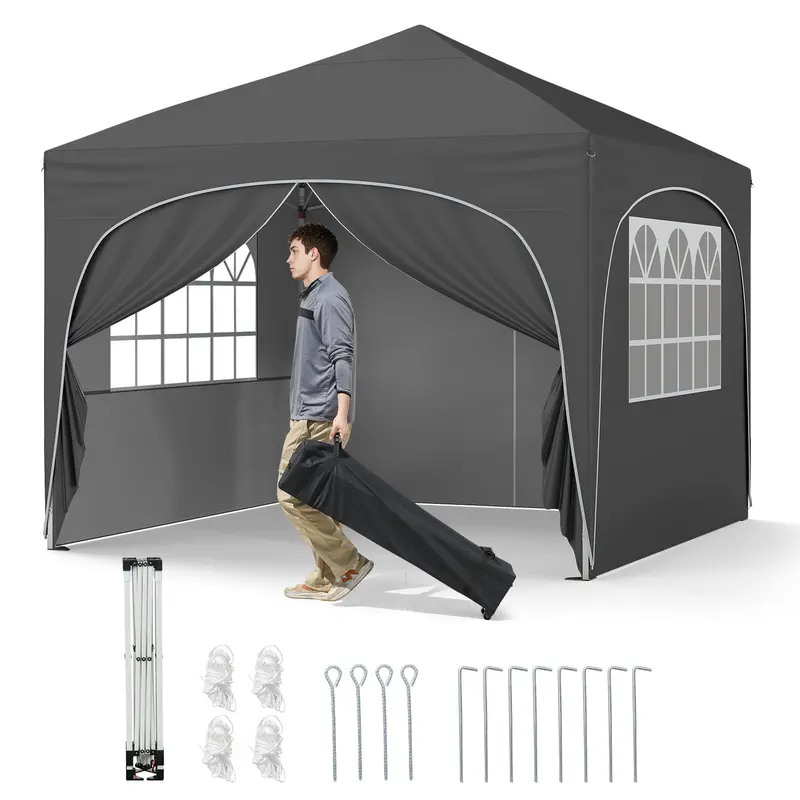 10′ x 10′ Pop-Up Canopy Tent with Four Zippered, Removable Sidewalls
