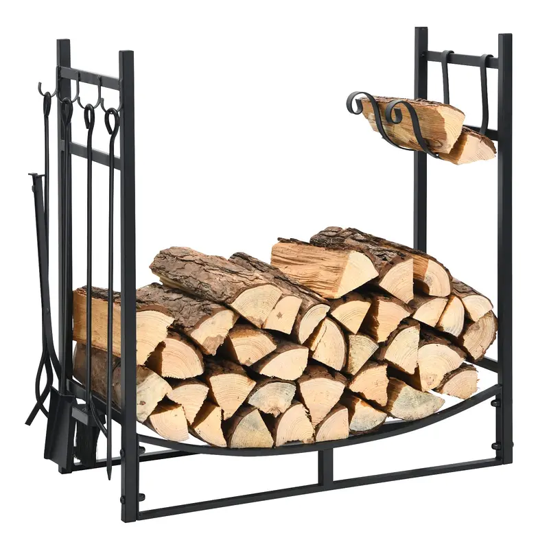Fireplace Log Rack with Tool Set – 30-inch or 36-inch Sturdy Steel Firewood Holder