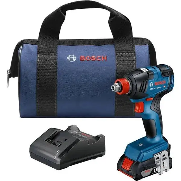 Bosch GDX18V-1800B12 Brushless Impact Driver Kit – 18V EC Motor, Dual Bit/Socket Compatibility, Includes 2.0Ah Battery