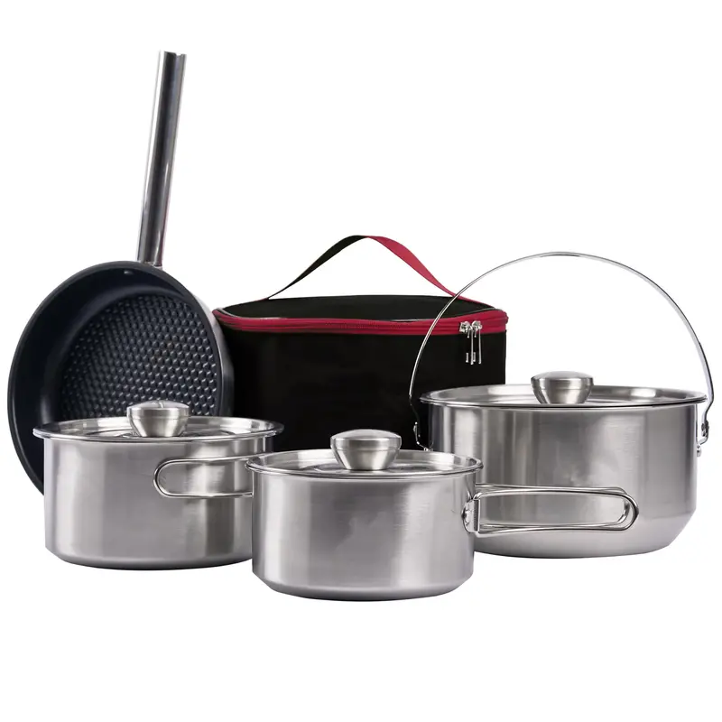 5-Piece Stainless Steel Camp Cookset – Skillet, Pots & Carry Bag for 4–8 People