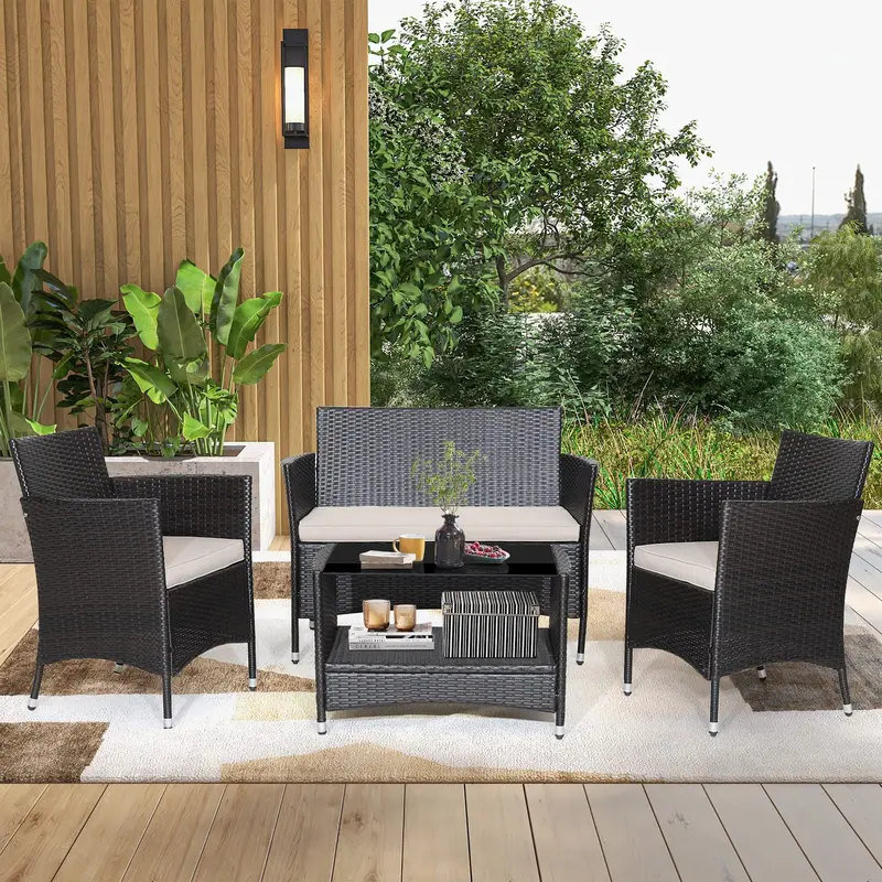 Rattan Patio Sofa Set with Armrest Cushions, Coffee Table, and Storage Shelf