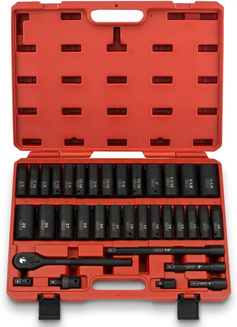 02448A 65-Piece 1/2″ Drive Impact Socket Set – SAE & Metric Deep/Shallow Sizes, Ratchet + Adapters