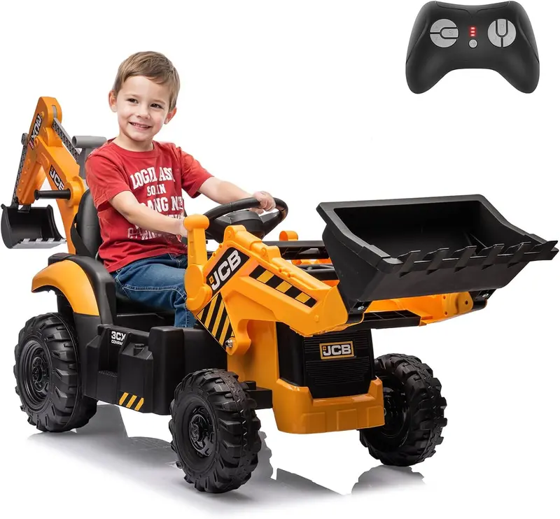 12V JCB Excavator Ride-On Toy – Working Digging Arm, Backhoe Function, Slow-Start Safety, Adjustable Speeds for Ages 4–8