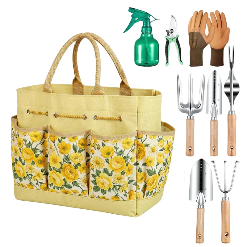 9-Piece Floral-Themed Garden Tool Set with Carry Tote and Essential Hand Tools