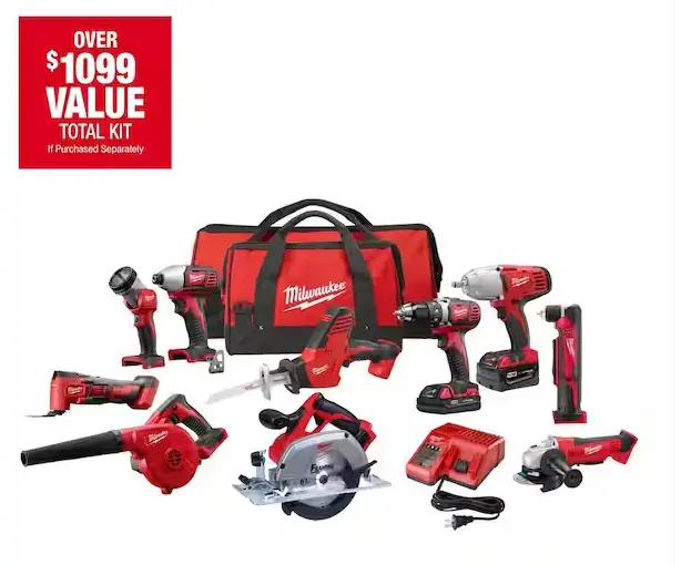 Milwaukee M18 18V Lithium-Ion 10-Tool Cordless Combo Kit – Includes 2 Batteries, Charger & 2 Tool Bags
