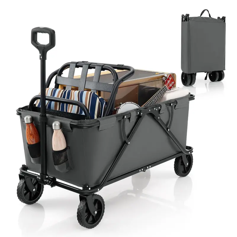 Heavy-Duty Collapsible Wagon Cart with Adjustable Handle, Bottle Holders, and Storage Pocket
