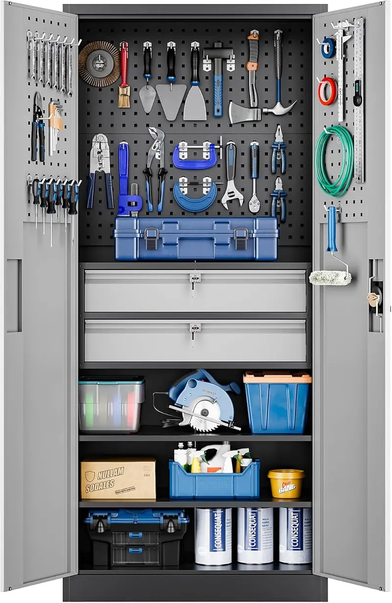 Yizosh Heavy-Duty Locking Tool Cabinet – 71-Inch Steel Garage Storage with Pegboard, 2 Drawers, and Dual Doors