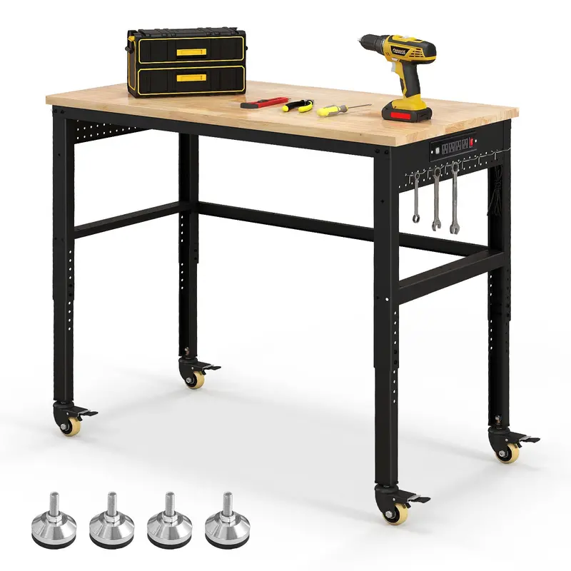 48-Inch Adjustable Workbench – Heavy-Duty Oak Top with Non-Slip Pads