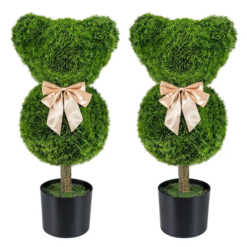 Two-Piece Bear-Shaped Topiary Set with Pots — 24.5-Inch Decorative Faux Shrubs