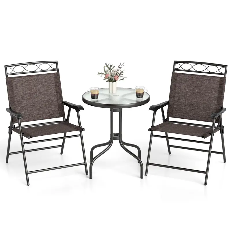 3-Piece Outdoor Bistro Set – Includes Table, Two Chairs & Umbrella Hole (1.57″) for Compact Patios