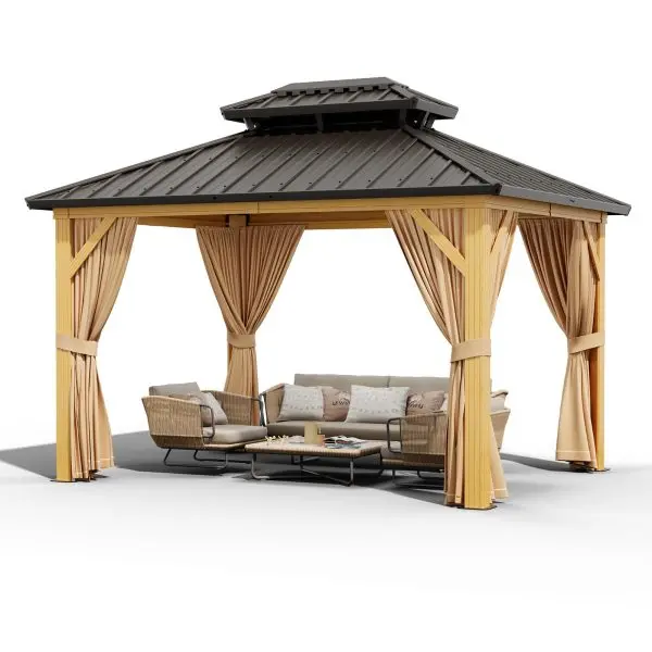 10′ x 13′ Galvanized Steel Hardtop Gazebo – Double Roof, Aluminum Frame, Mosquito Netting & Sunshade Curtains, Khaki
