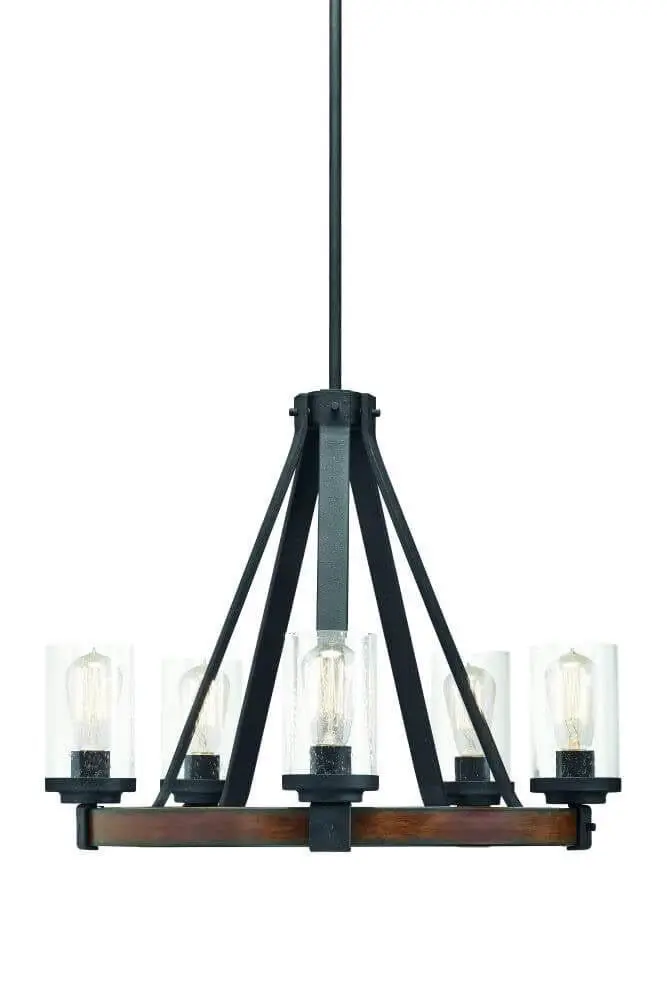 5-Light Rustic Chandelier – Distressed Black & Wood-Tone Frame with Clear Glass Candles
