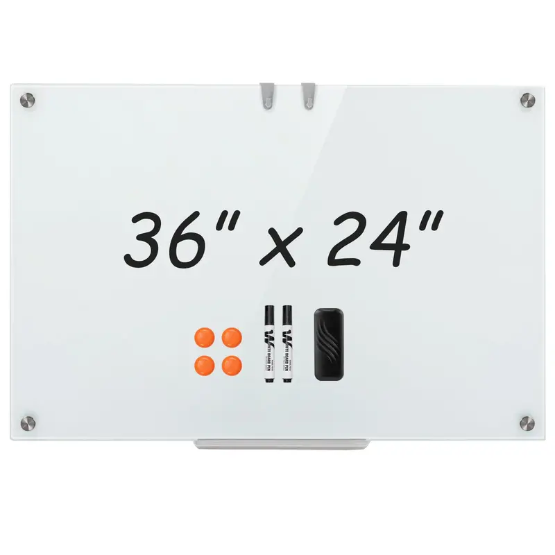 36″ x 24″ Magnetic Glass Dry-Erase Board – Includes Eraser, Modern Whiteboard Surface