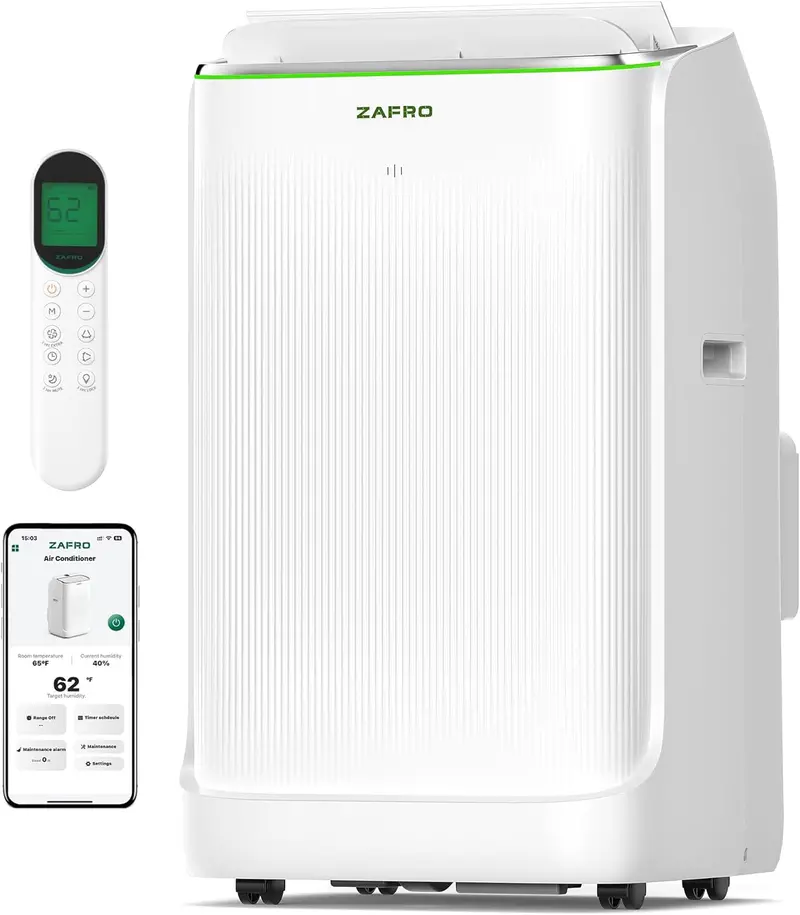 ZAFRO Inverter Portable AC: 16,000 BTU (12,000 BTU SACC), Dual-Hose Design, Ultra-Quiet 42dB, Drainage-Free, 24H Timer, App & Remote
