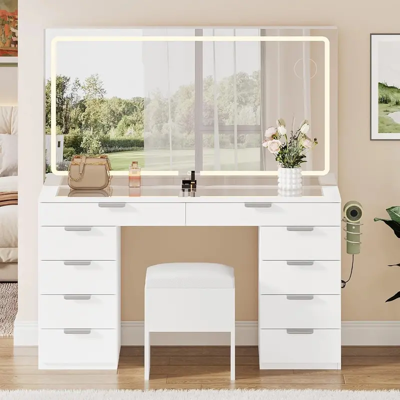 YITAHOME LED Vanity Desk Set – 10-Drawer Makeup Station with Adjustable Mirror, Matching Stool, and Modern Design