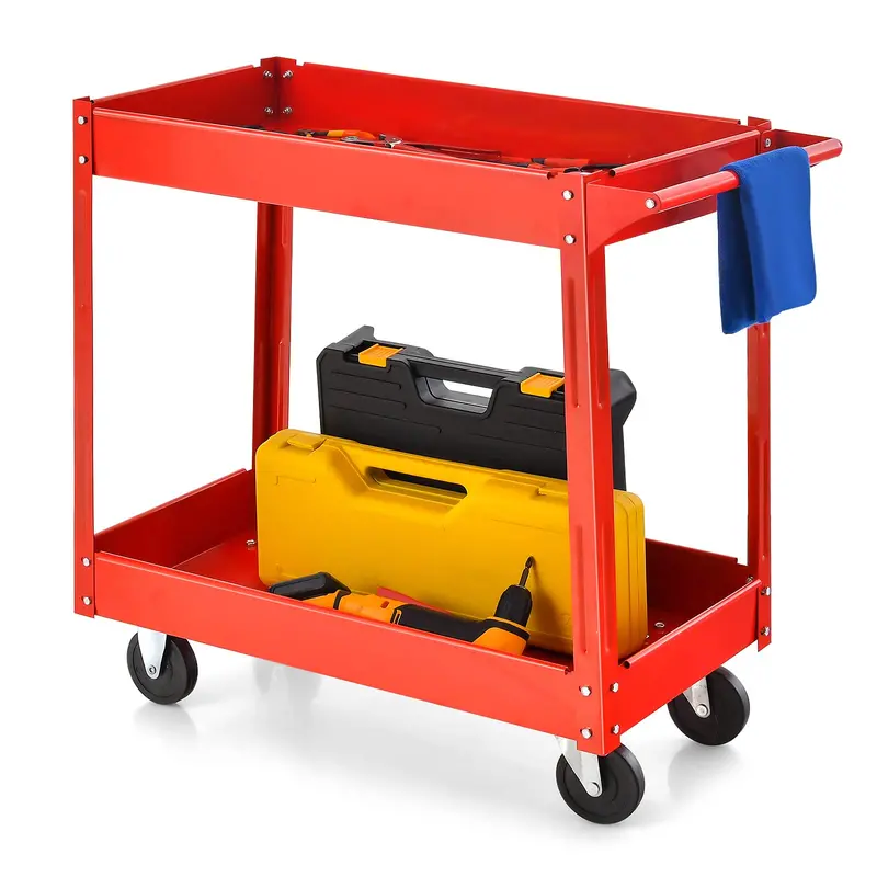 Industrial 2-Tier Rolling Utility Cart, Heavy-Duty Service and Tool Transport Caddy