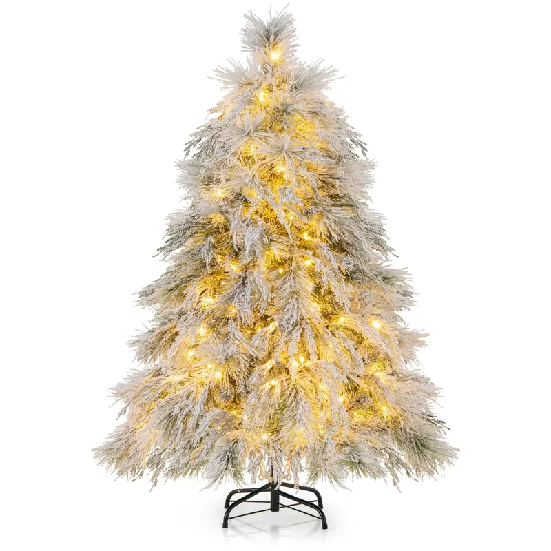 4.5-Foot Snow-Flocked Pre-Lit Xmas Tree – Compact Hinged Artificial Tree with 279 PVC & Pine Tips