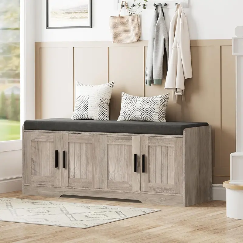 2-Tier Entryway Storage Bench — Shoe Organizer with Padded Seat, Four Doors & Adjustable Shelf