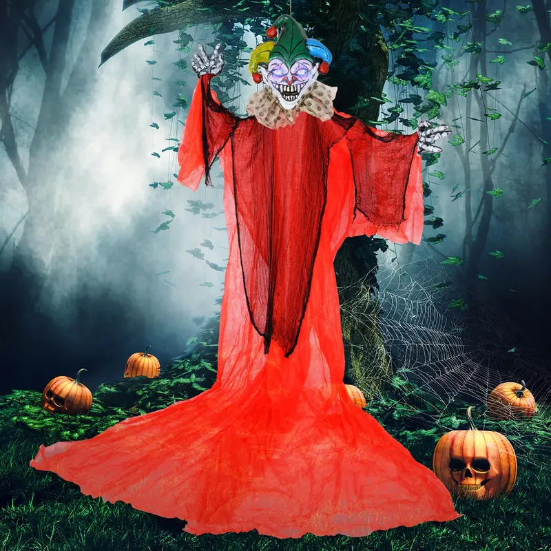 13.1 ft Hanging Clown Decoration – Spooky Halloween Prop with Color-Changing Eyes & Poseable Arms