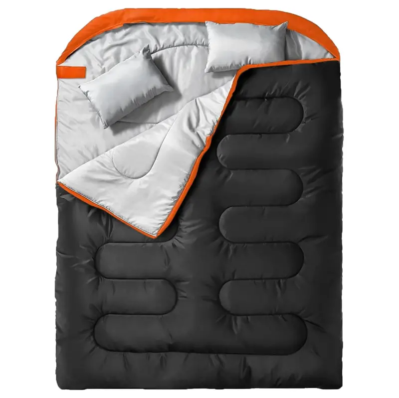 Two-Person Double Sleeping Bag with Integrated Pillows and Compression Storage Sack