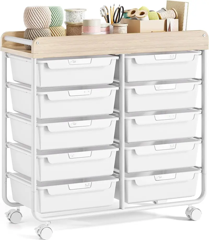 10-Drawer Rolling Craft Cart with Wooden Worktop — Mobile Storage Solution for Art Supplies, Home Office, or Classroom Use