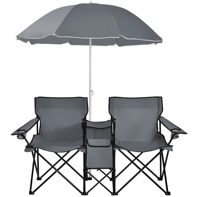 Dual-Folding Picnic Chair Set with Built-in Umbrella, Mini Table & Carry Bag