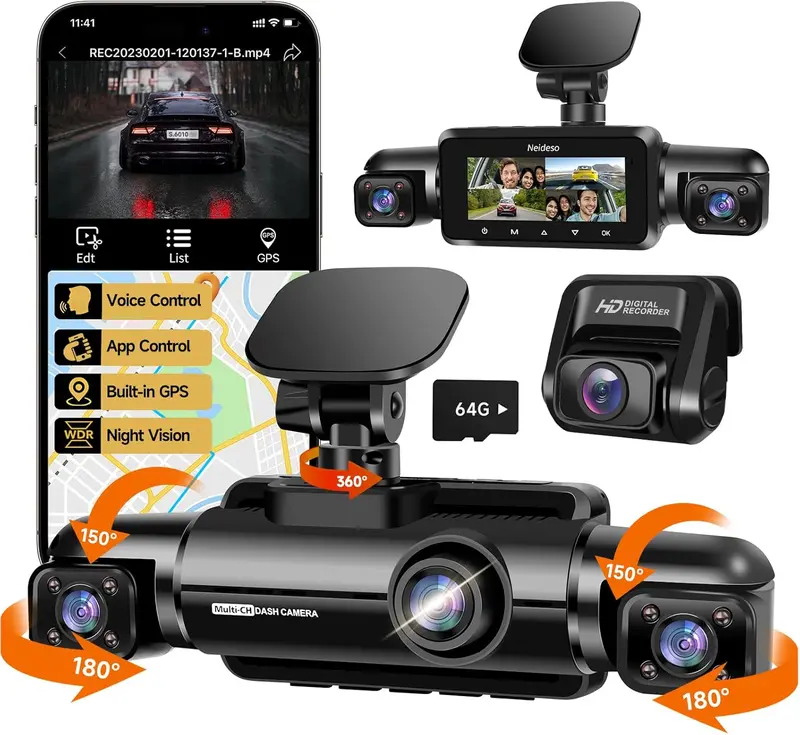 4-Channel 360° Dash Cam System – FHD 1080P x4 Recording, Wi-Fi, GPS, Voice Control & 24-Hour Parking Mode (Includes 64GB SD Card)