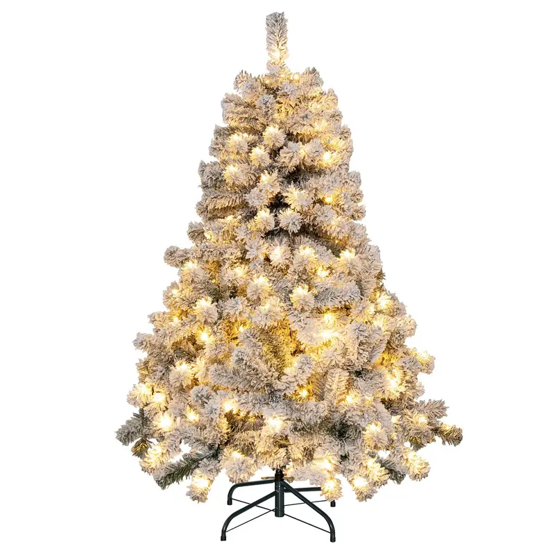 4.5-Foot Pre-Lit Snow-Flocked Christmas Tree – Hinged Artificial Fir with 150 Warm White LEDs
