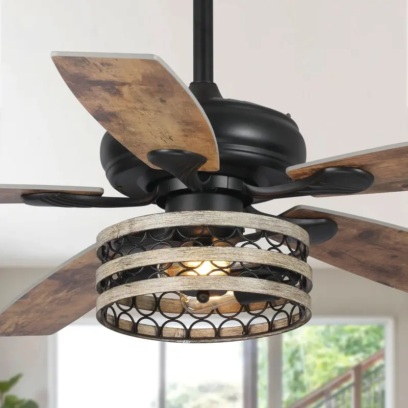 52-Inch Farmhouse Driftwood Ceiling Fan – 5-Blade Caged Design with Remote